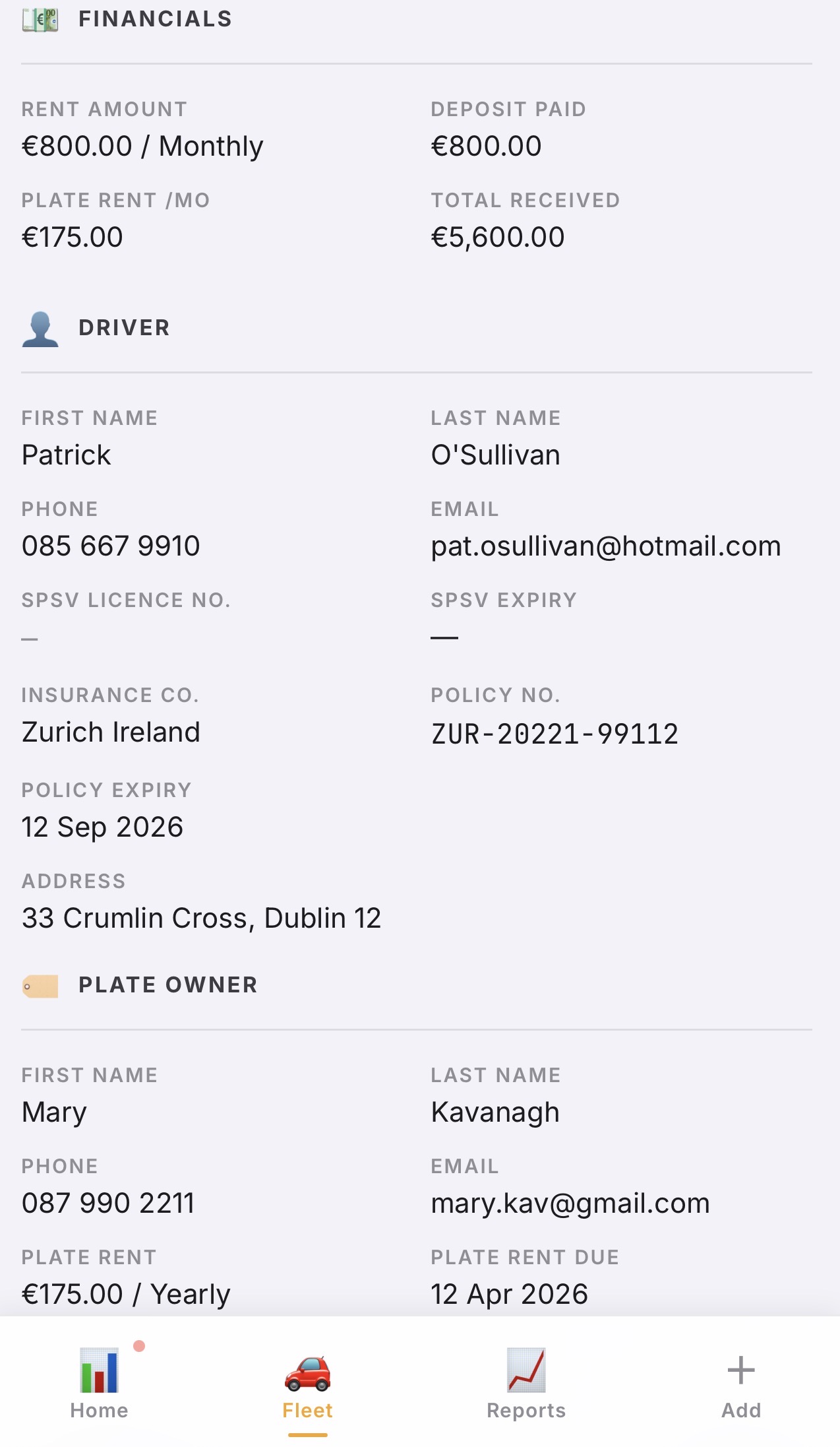 FleetX driver detail screen showing driver profile and payment history